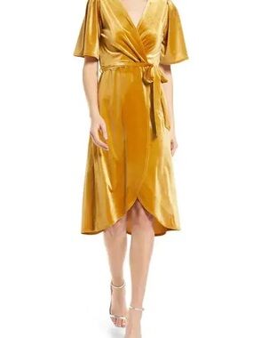 Velvet Wrap Midi Dress in Mustard